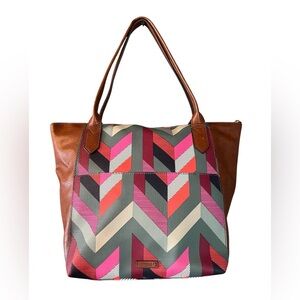 Fossil Fiona Large Market Bag Tote Chevron Print Women's Leather Handbag Ex Cond